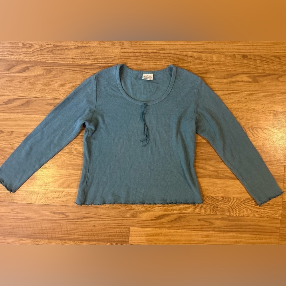 Vintage Varsity Sport Teal Waffle Knit Long Sleeve Top Women’s Medium Cotton - Picture 3 of 12